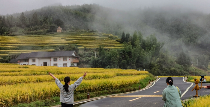 一位游人看见丰收在望的梯田激动地舞动起来。